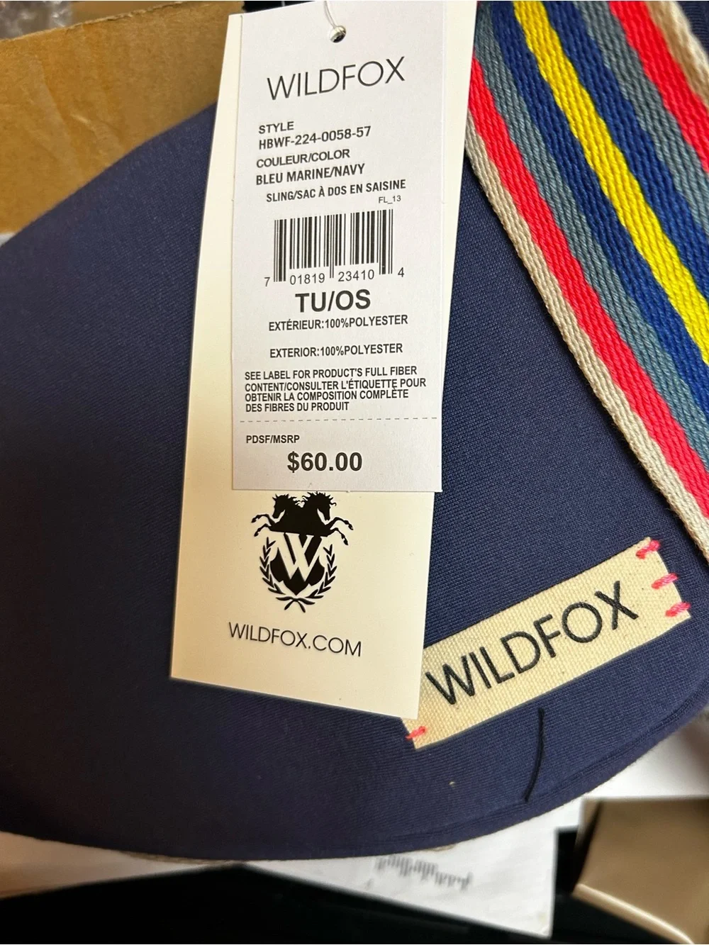 Wildfox Navy Heart Crossbody Bag with Multicolor Stripe Strap